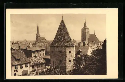 AK Rostock, Blick auf alten Stadtmauerturm mit Petri- und Nicolaikirche