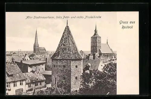 AK Rostock, alter Stadtmauerturm, links Petri und rechts Nicolaikirche