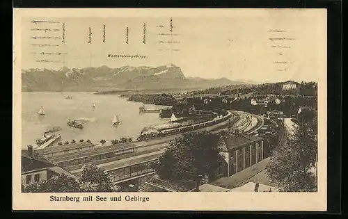 AK Starnberg, Ortsansicht mit See und Gebirge, Dampflokomotive