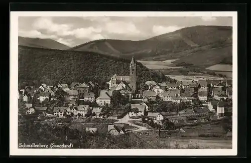 AK Schmallenberg /Sauerland, Ortsansicht mit Kirche, Hotel Pension Störmann