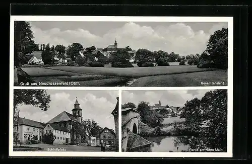 AK Neudrossenfeld /Obfr., Schlossplatz, Partie am roten Main, Ortsansicht