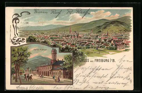 Lithographie Freiburg, Strassenpartie am Hauptbahnhof, Totalansicht aus der Vogelschau