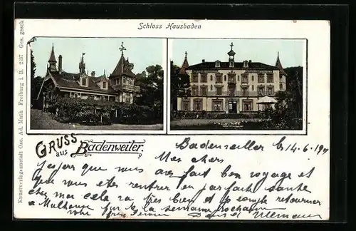 Goldfenster-AK Badenweiler, Schloss Hausbaden mit Anlagen