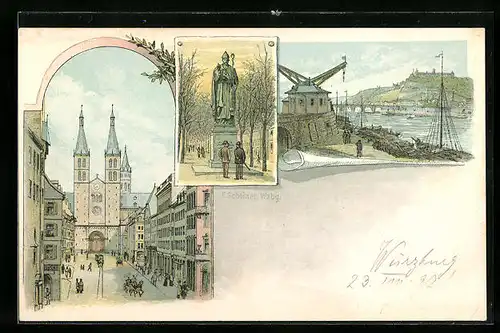 Lithographie Würzburg, Ortsansicht, Kirche, Brücke mit Blick auf Schloss