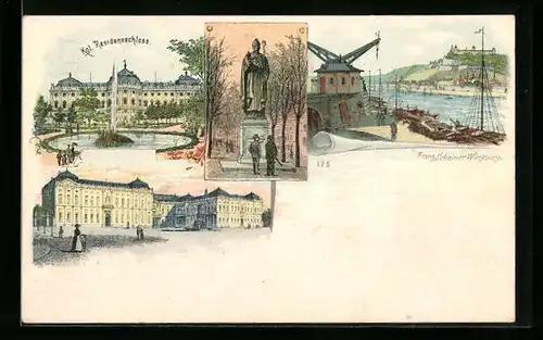 Lithographie Würzburg, Königliches Residenzschloss, Denkmal, Uferpartie