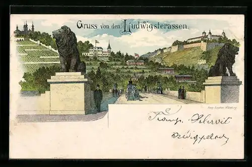 Lithographie Würzburg, Spaziergänger auf der Brücke mit Löwenskulpturen beim Gasthaus z. d. Ludigsterrassen