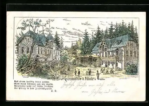 Lithographie Dresden-Pillnitz, Gasthaus Meixmühle