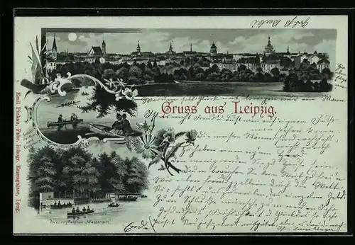 Mondschein-Lithographie Leipzig, Gondelpartie nach Connewitz im Vollmondlicht