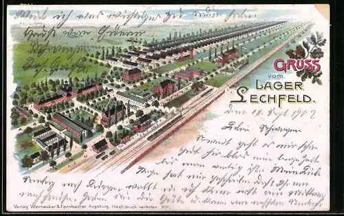 Lithographie Lager Lechfeld, Baracken auf dem Truppenübungsplatz