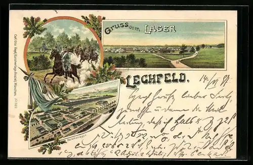 Lithographie Lechfeld, Barackenlager und Soldaten zu Pferde