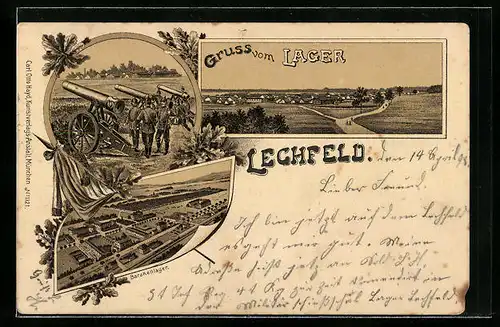 Lithographie Lager-Lechfeld, Ortspanorama, Lager aus der Vogelschau, Kavallerie