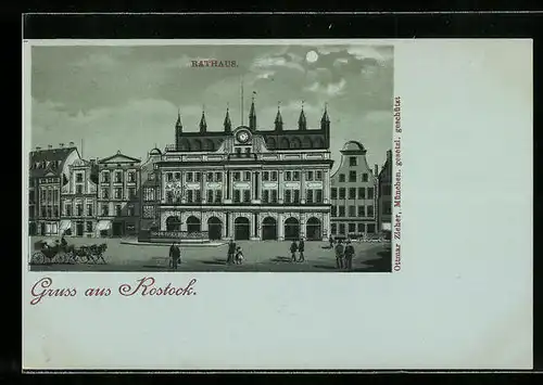 Mondschein-Lithographie Rostock, Rathaus im Vollmondlicht