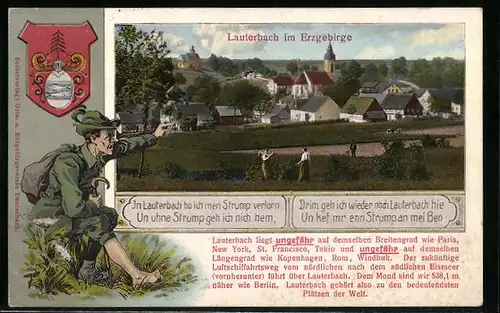 Passepartout-AK Lauterbach /Erzgeb., Ortsansicht, Jäger mit verlorenem Strumpf, Wappen