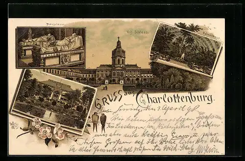 Lithographie Berlin-Charlottenburg, Schloss mit Anlagen und Mausoleum