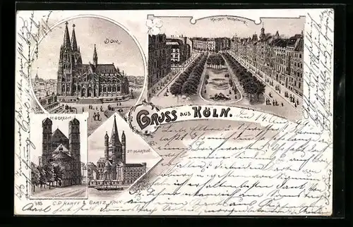 Lithographie Köln, Kaiser Wilhelmring aus der Vogelschau, Dom, St. Martin