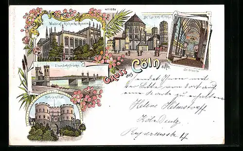 Lithographie Cöln a. Rh., Wallraf Richartz-Museum, Eisenbahnbrücke, Hahnentor