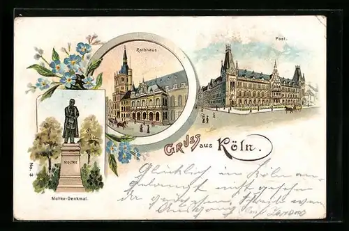 Lithographie Köln, Rathaus, Moltke-Denkmal und Post