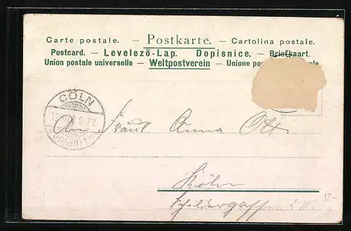 Lithographie Köln, Rathaus, Moltke-Denkmal und Post