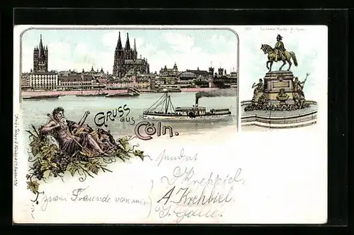 Lithographie Cöln, Ortspanorama mit Rheindampfer, Denkmal Kaiser Wilhelm I., Vater Rhein