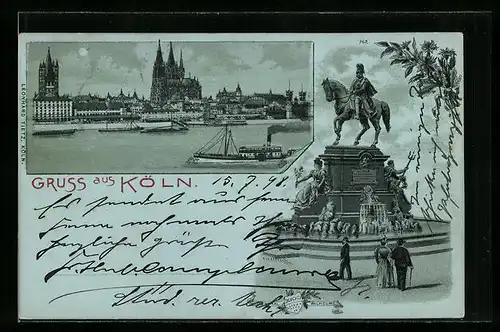 Mondschein-Lithographie Köln, Ortspanorama mit Dampfern, Denkmal Wilhelm I.