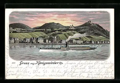 Mondschein-Lithographie Königswinter /Rh., Ortspanorama mit Rheindampfer