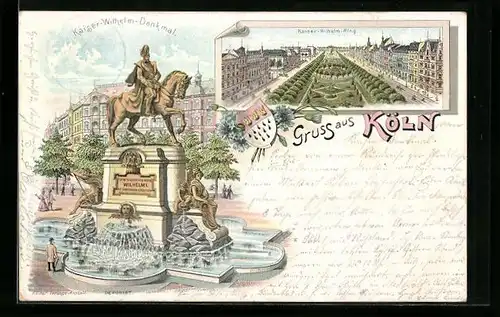 Lithographie Köln-Neustadt, Kaiser Wilhelm-Denkmal, Kaiser-Wilhelm-Ring