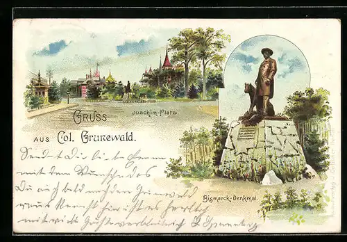 Lithographie Berlin-Grunewald, Blick auf den Joachim-Platz, Bismarck Denkmal