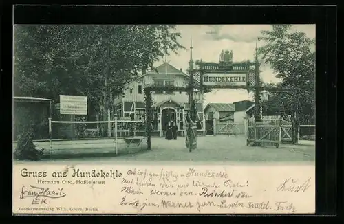 AK Berlin, Gasthaus Hundekehle Th. Reimann, Eingang mit Wirtspaar