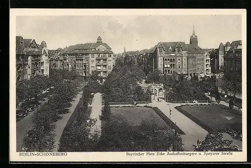 AK Berlin-Schöneberg, Bayrischer Platz, Ecke Aschaffenburger- und Speyerer Strasse aus der Vogelschau