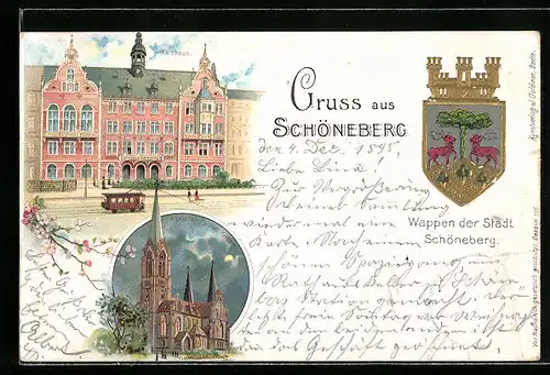 Lithographie Berlin-Schöneberg, Rathaus, Paulus-Kirche im Mondschein, Wappen