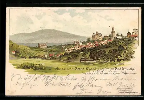 Lithographie Kronberg a. T., Gesamtansicht mit Ruine und Berg