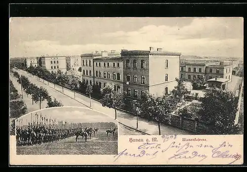 AK Hanau a. M., Ulanenkaserne mit Strasse, Kavallerie
