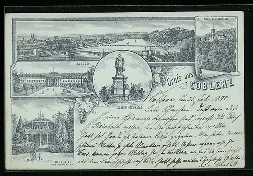 Vorläufer-Lithographie Coblenz, 1894, Schloss, Trinkhalle Rheinanlagen, Goeben-Denkmal, Schl. Stolzenfels
