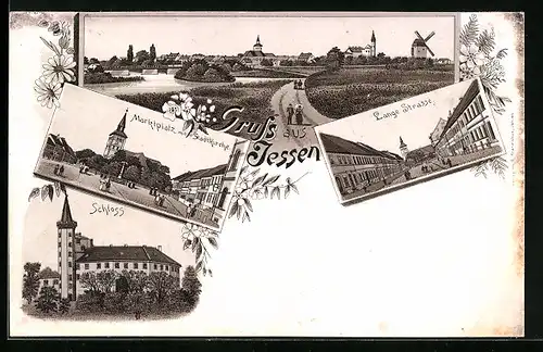 Lithographie Jessen, Marktplatz mit Stadtkirche, Schloss, Lange Strasse, Ortsansicht
