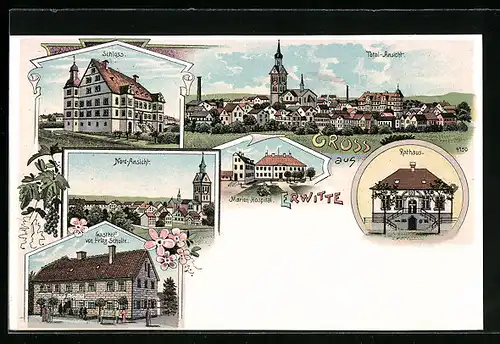 Lithographie Erwitte, Gasthof von Fritz Schulte, Marien-Hospital, Schloss, Rathaus