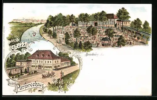 Lithographie Bernburg, Gasthaus Parforcehaus mit Garten