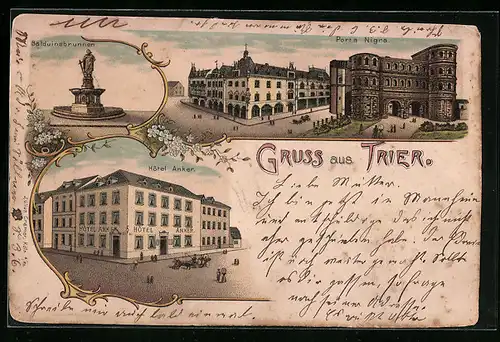 Lithographie Trier, Hotel Anker, Porta Nigra, Balduinsbrunnen