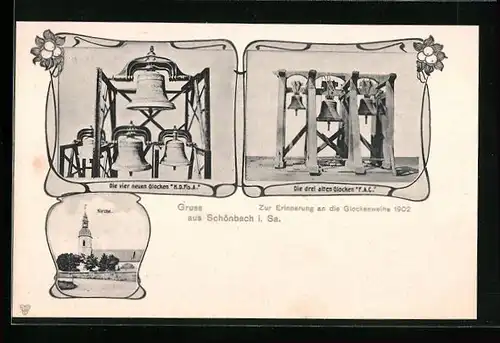 AK Schönbach i. Sa., Festpostkarte zur Erinnerung an die Glockenweihe 1902, Kirche