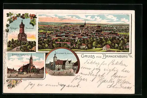 Lithographie Brandenburg a. H., Neustädtisches Rathaus, Altstädtisches Rathaus, Krieger-Denkmal