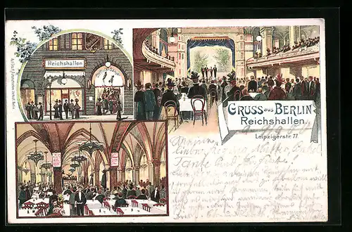 Lithographie Berlin, Gasthaus Reichshallen, Leipzigerstrasse 77, Innenansichten