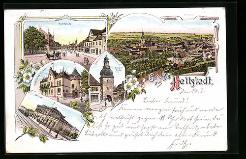 Lithographie Hettstedt, Bahnhof, Marktplatz, Kaiserl. Postamt, Saiger Thor