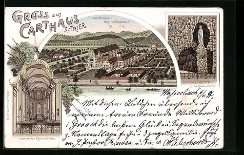 Lithographie Carthaus b. Trier, Haushaltungs- und Damen-Pensionat, Inneres der Klosterkirche, Lourdes Grotte