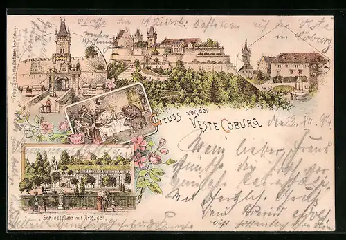 Lithographie Coburg, Schlossplatz mit Arkaden, Partie an der Veste