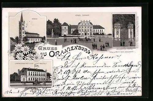 Lithographie Oranienburg, Kirche, Königl. Seminar, Landwirtschaftliche Lehr-Anstalt, Schlosspark-Portal