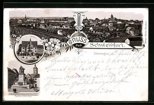 Lithographie Schweinfurt, Rückertdenkmal, Rathaus, Ortsansicht
