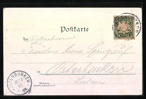 Lithographie Schweinfurt, Rückertdenkmal, Rathaus, Ortsansicht