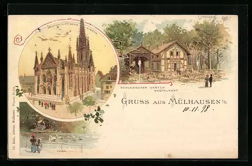Lithographie Mülhausen, Protestantische Kirche, Zoologischer Garten Restaurant