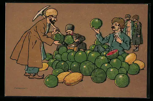 Künstler-AK Oskar Schmerling: Russische Volkstypen, Melonen