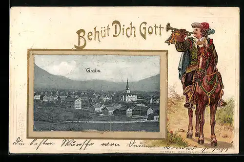 Passepartout-Lithographie Grabs, Ortsansicht, Trompeter auf einem Pferd, Behüt Dich Gott