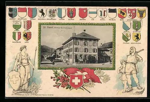 Passepartout-AK Flawil, Hotel Post in der Mittleren Bahnhofstrasse, Helvetia, Wilhelm Tell, Wappen